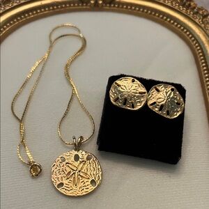 Gold Sand Dollar Necklace & Earrings Set | Coastal Beach Boho Jewelry